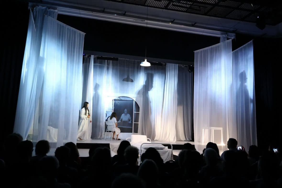 Performers surrounded by translucent curtains and projected silhouettes