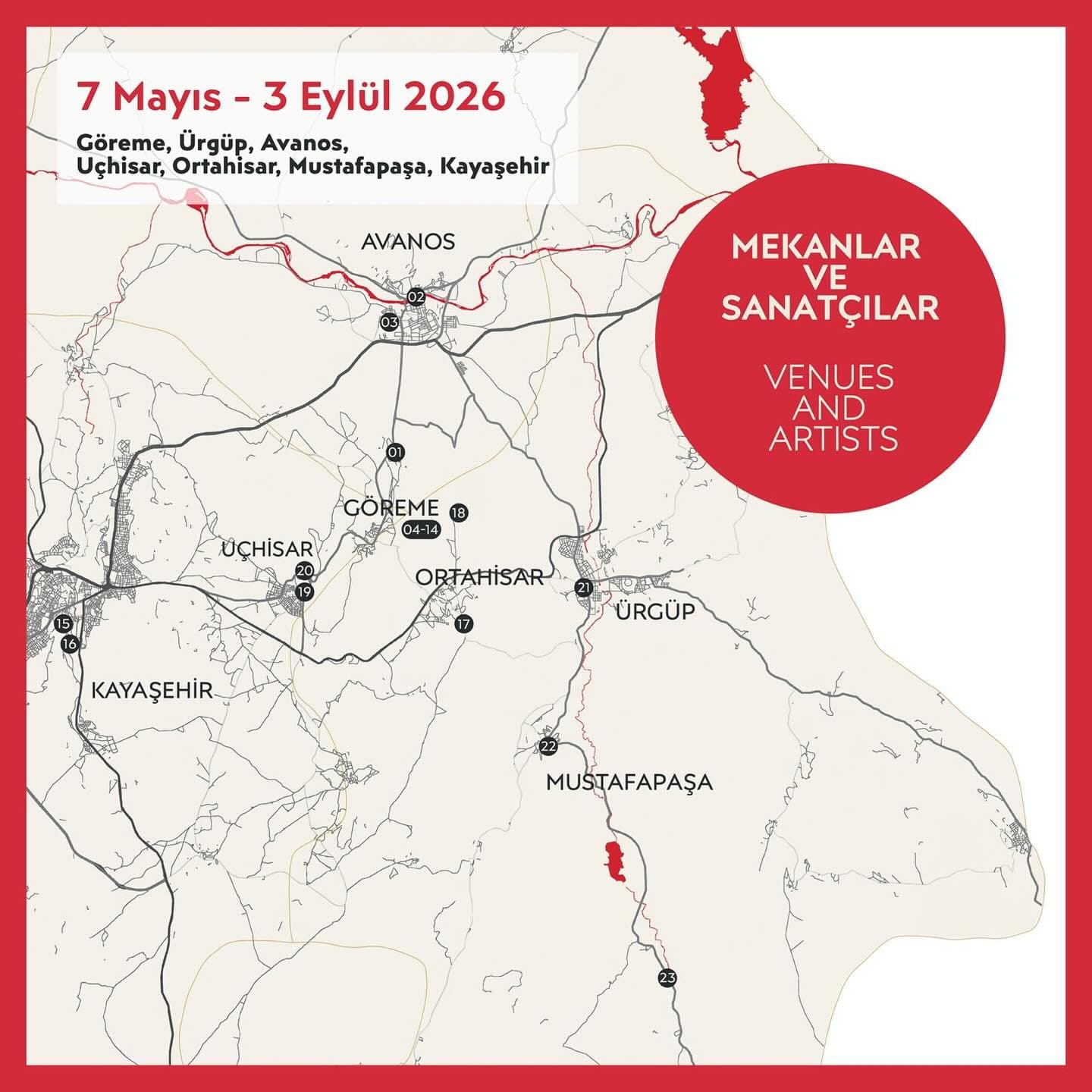 Cappadocia Biennial 2026 map of venues including Kayasehir
